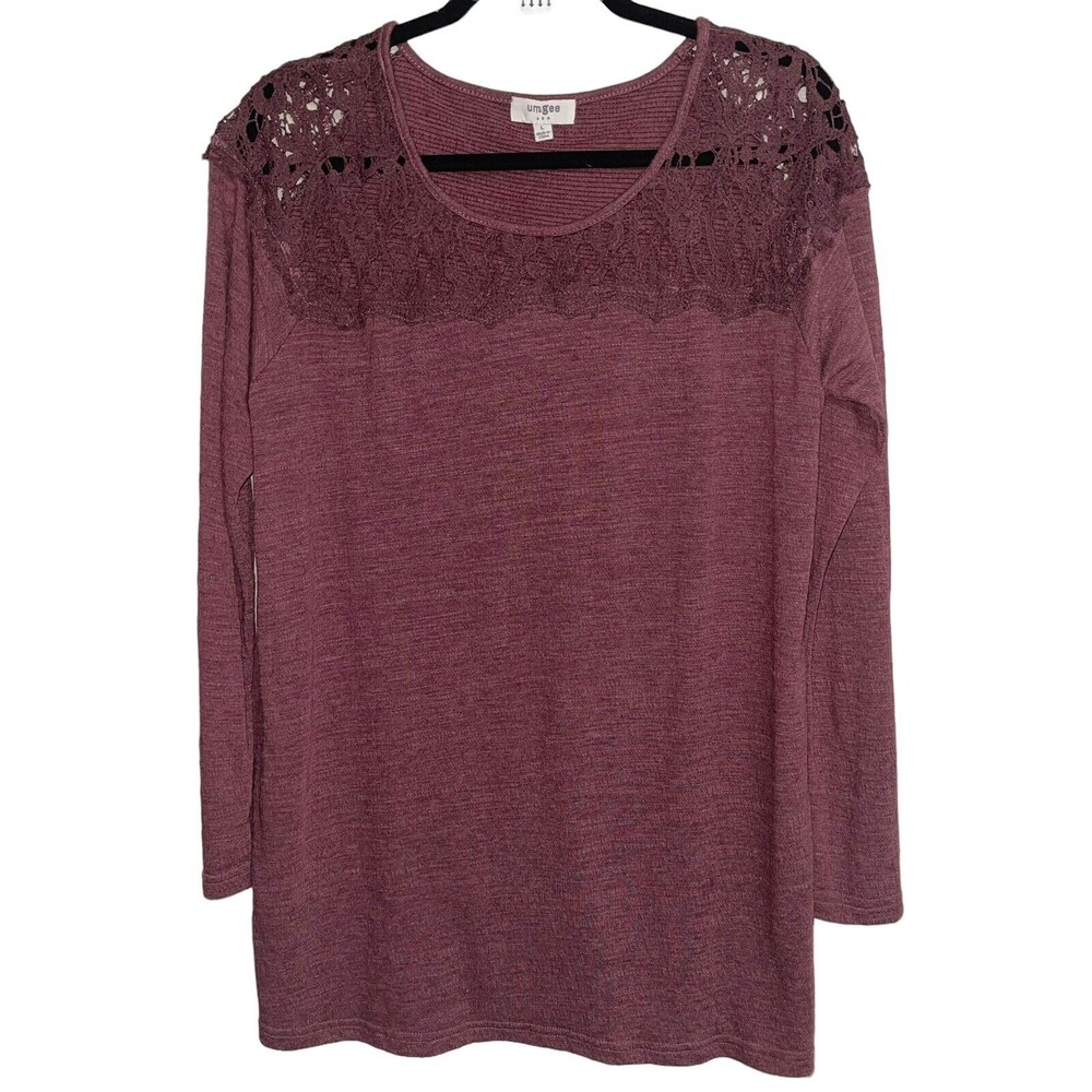 Umgee Burgundy Brown Longline Top L Boho Long Sleeves Knit Crochet Shoulders